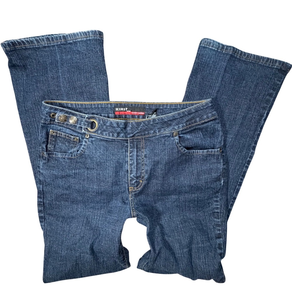 Y2K Grunge Grommet 10 Dark Wash Flare Leg Y2K Side Buckle Stretch